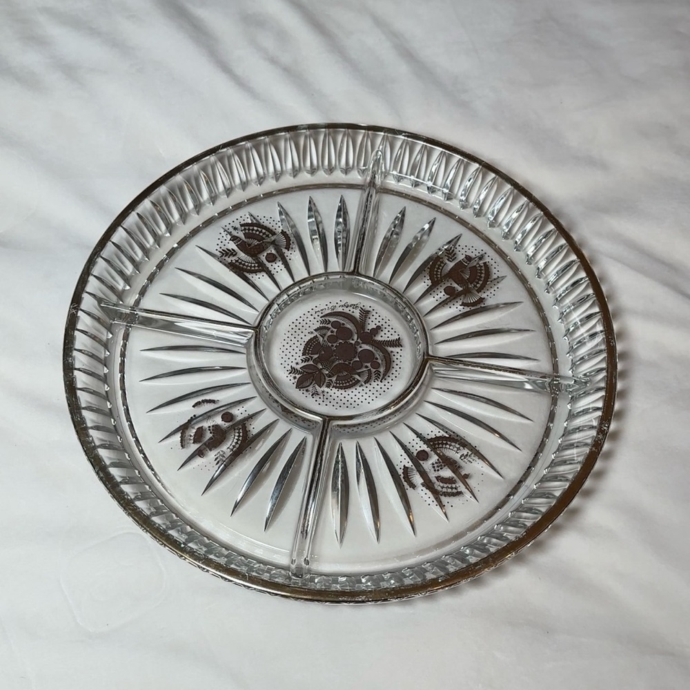 Vintage Etched Pressed Glass Serving Platter With Gold Accents